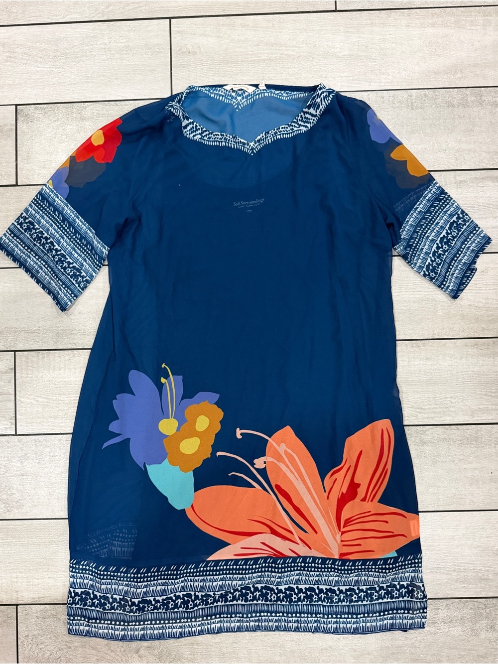 Soft Surroundings Navy Midi Dress with Coral, Purple & Yellow Floral Print